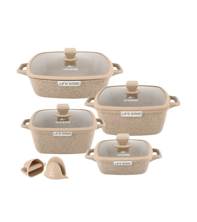 8 Pcs Square Granite Coated Nonstick Cookware Set with Glass Lids and Silicone Gloves